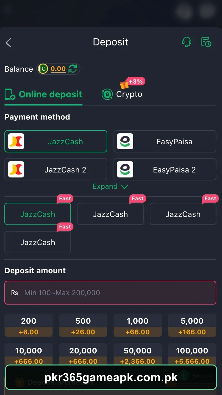 PKR365 Game JazzCash and Easypaisa deposit screen