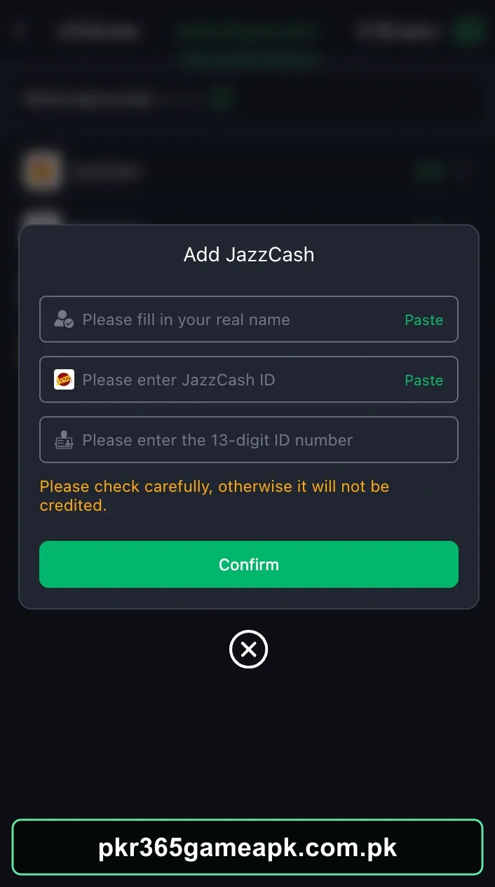 PKR365 Game JazzCash account setup screen