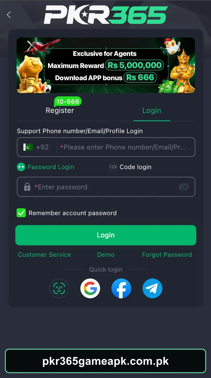 PKR365 Game login screen