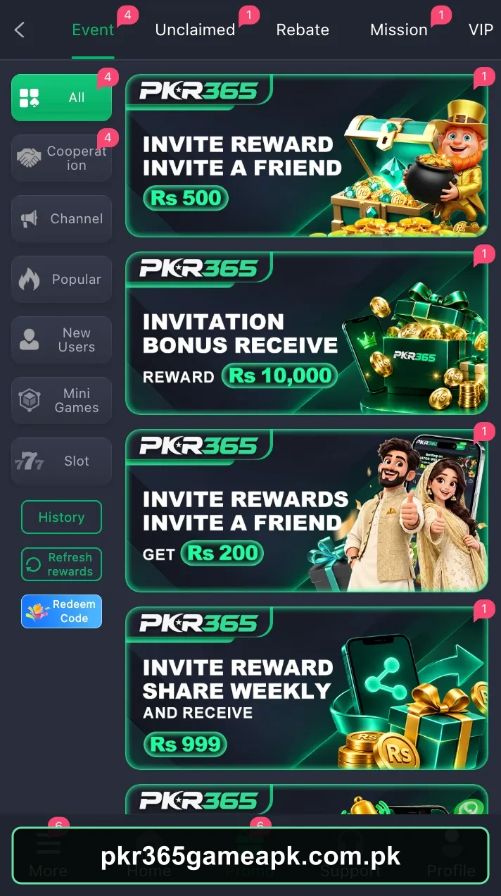 PKR365 Game promotions and rewards screen