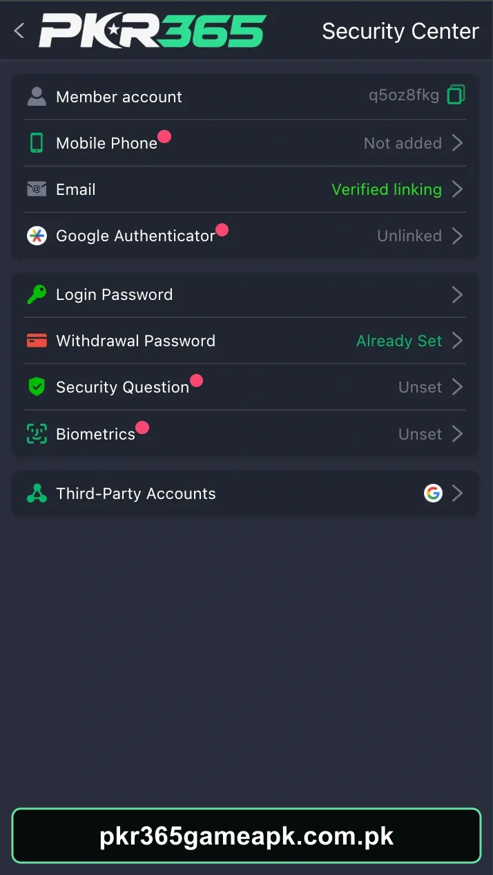 PKR365 Game security center screen