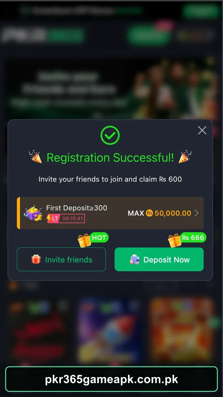 PKR365 Game successful registration screen