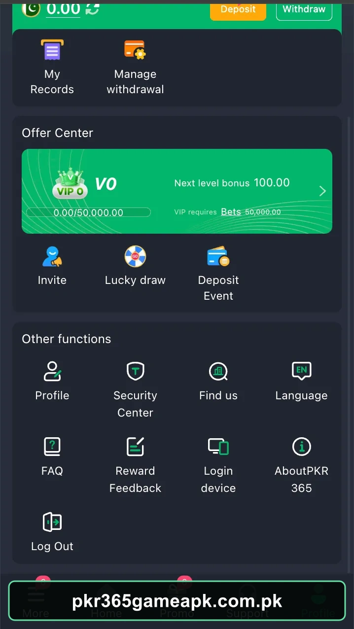 PKR365 Game profile and account tools screen